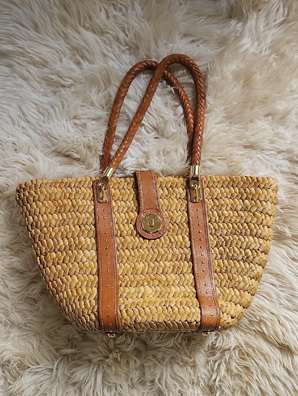 Michael Kors Woven Straw Bucket Tote with Brown Leather Studded Trim